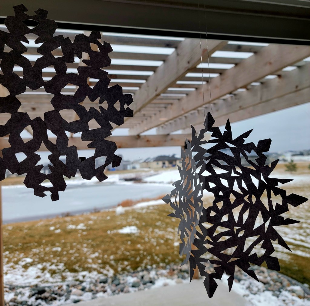 paper snowflakes hanging in a window